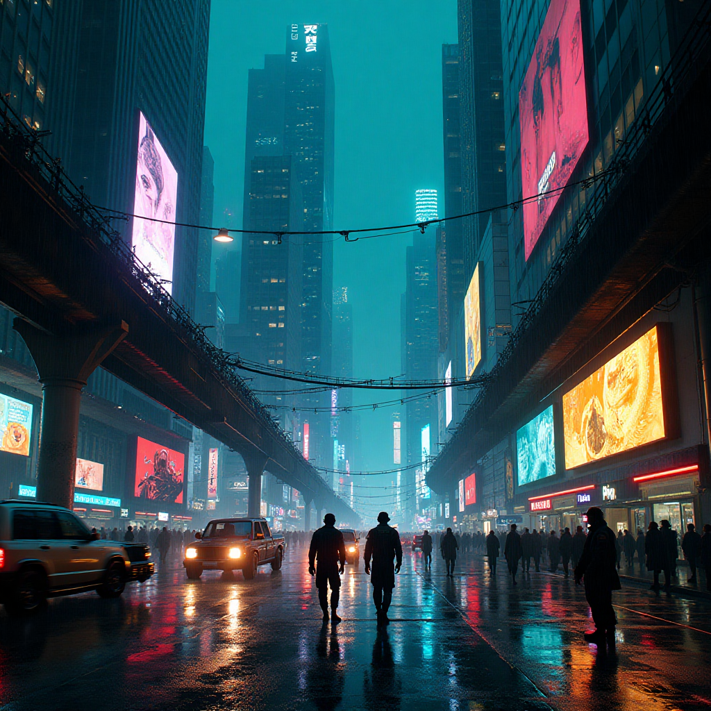 A cyberpunk cityscape at night with neon lights reflecting in puddles