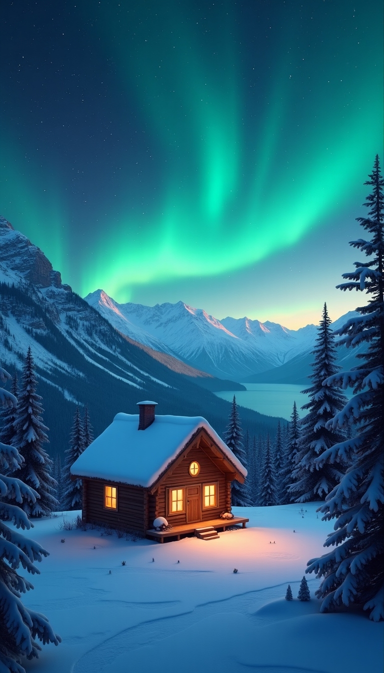 A cozy cabin in snowy mountains with northern lights in the sky