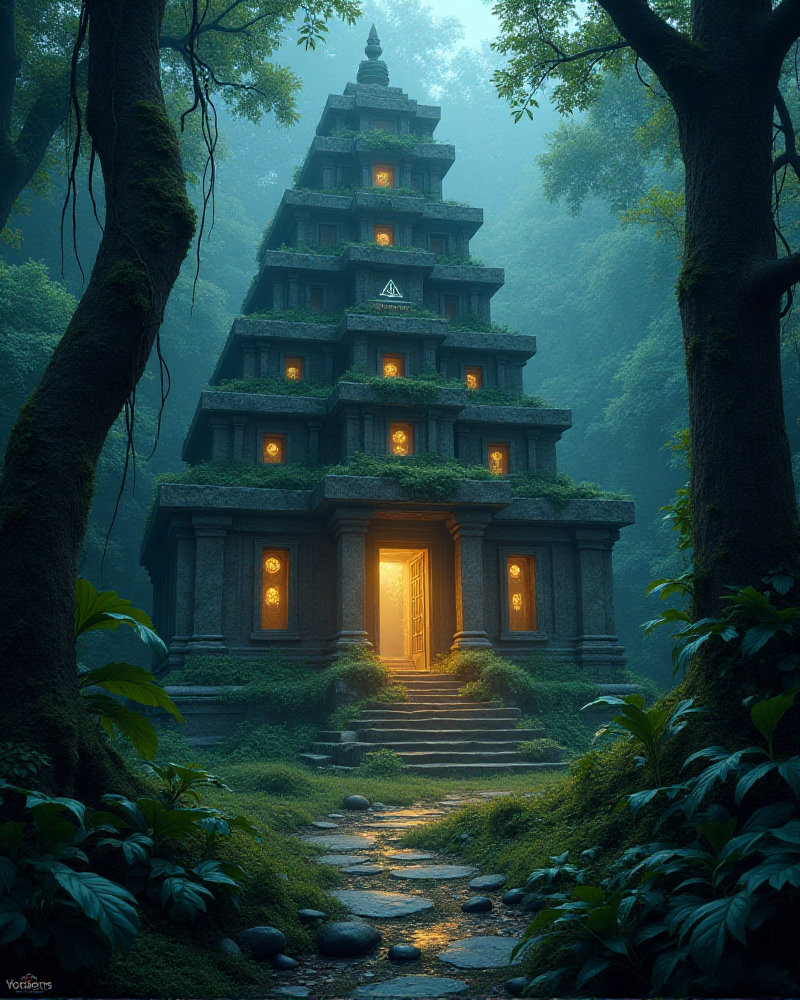 Ancient ruins overgrown with vegetation in a mystical jungle
