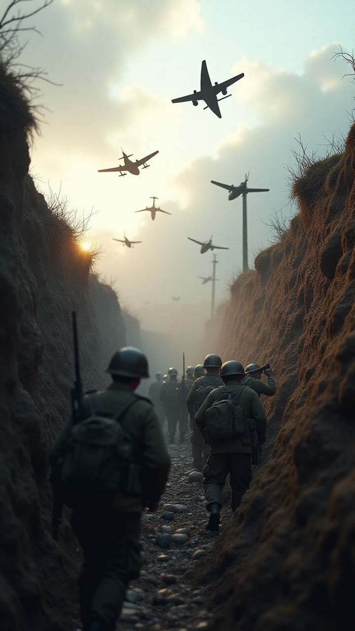Soldiers in a World War II trench engaged in intense combat, with fighter planes soaring overhead..