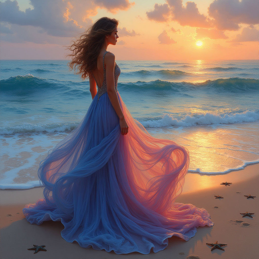 A beautiful woman in a flowing dress on a beach at sunset