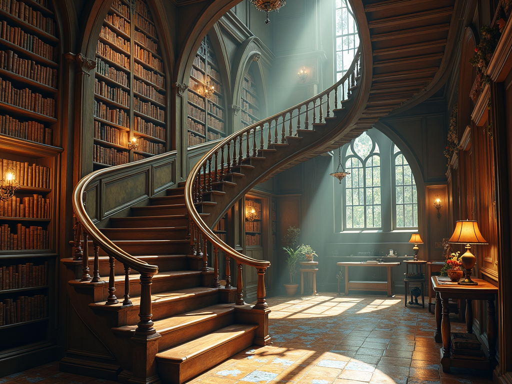 An enchanted library with moving staircases and floating books