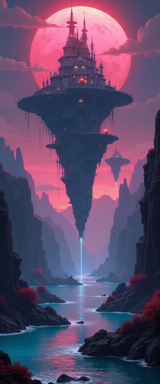 A surreal landscape with floating islands and impossible architecture