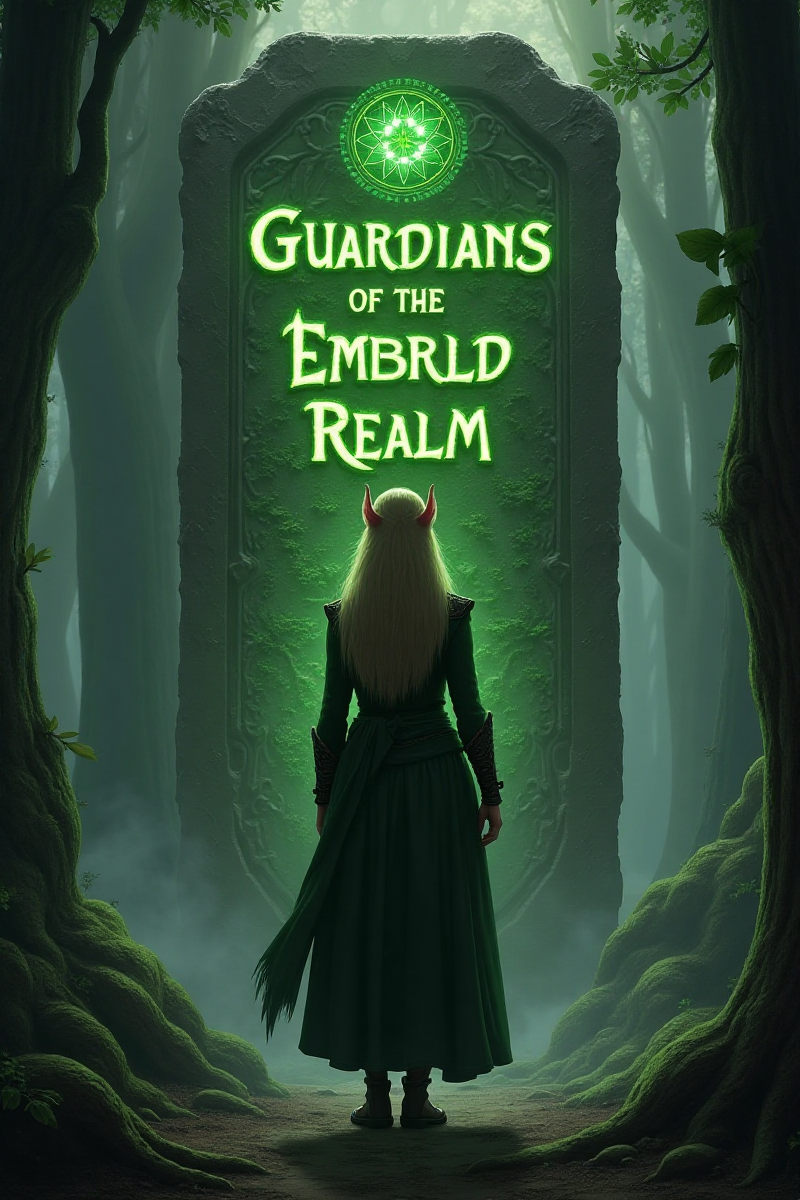 An elf warrior standing at the entrance of a magical forest. Behind her, an ancient stone tablet etched with glowing runes spells out the phrase "Guardians of the Emerald Realm."