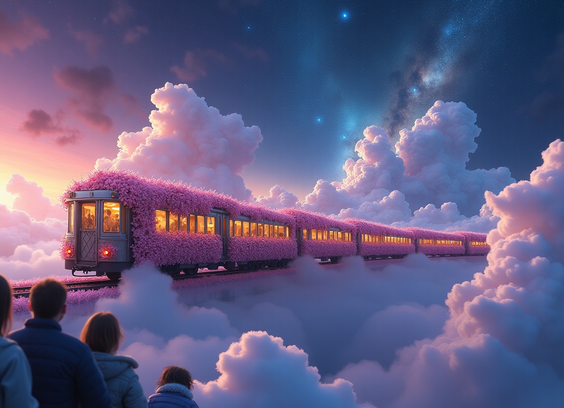 Hyperrealistic train detailed with blooming flowers, ethereal cloud animals with shimmering outlines, passengers gazing in awe, vast sky with swirling galaxies, cosmic colors (purples, blues, pinks), dramatic lighting, mystical atmosphere