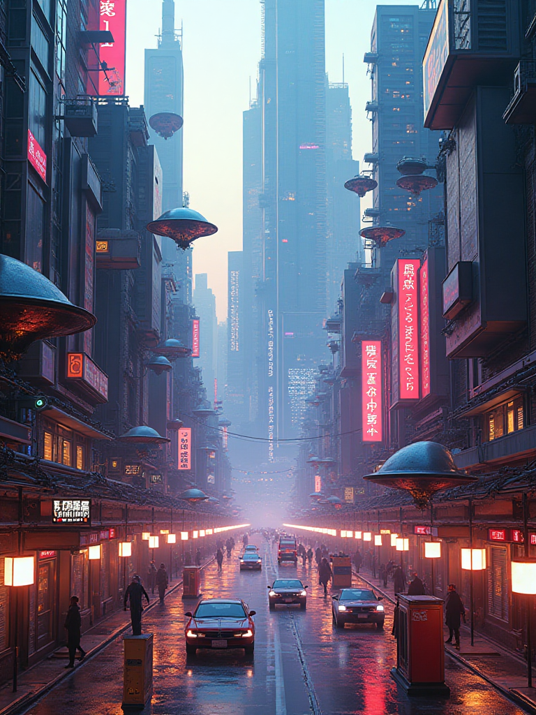 Futuristic sci-fi city panorama with flying vehicles