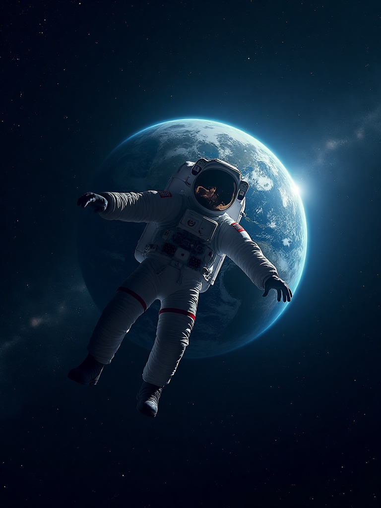 Astronaut floating in space with Earth in the background, starry cosmos