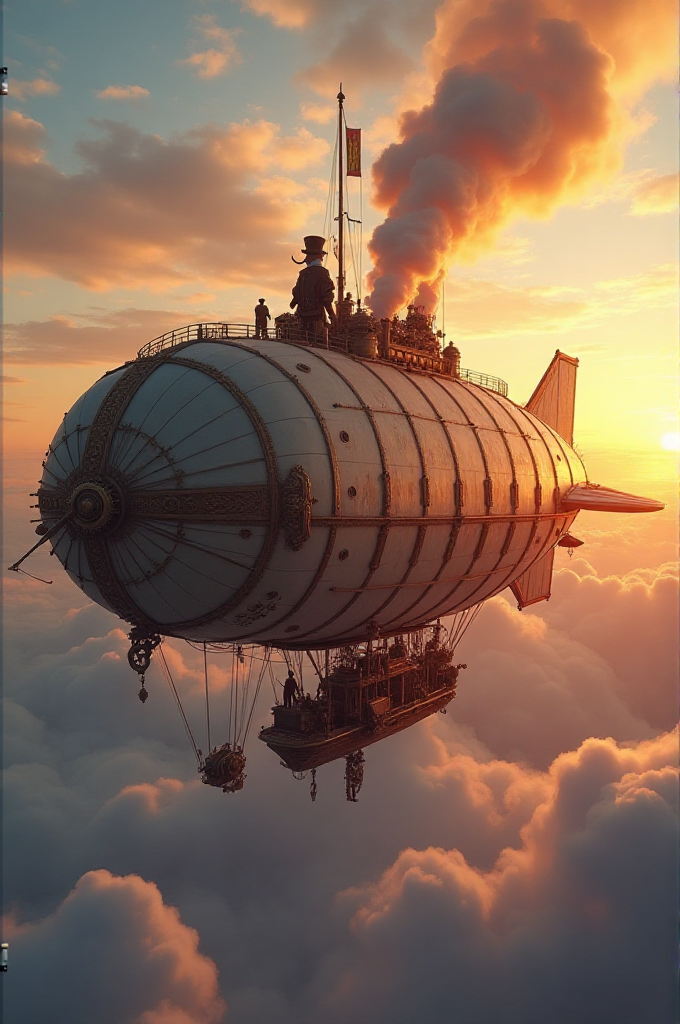 A steampunk airship flying through clouds at sunset