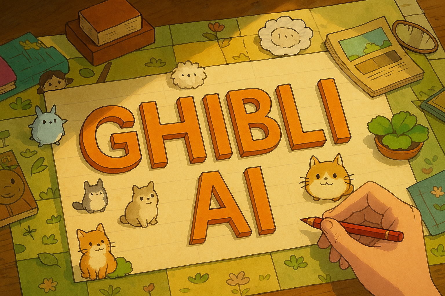 A cozy and charming Studio Ghibli-style illustration of a hand holding a red pencil, writing "GHIBLI AI" in large, bold, orange letters on a piece of lined paper. Surrounding the paper are adorable, small, chibi-style animals including cats, a Totoro-like creature, and fluffy clouds. The scene is set on a wooden table covered with a green patchwork tablecloth featuring floral patterns and small plants. Various books and papers are scattered around, enhancing the warm and whimsical atmosphere. The lighting is soft and warm, with gentle shadows giving a sense of afternoon sunlight. The overall style is hand-drawn, watercolor-like textures, highly detailed, cute, and nostalgic, reminiscent of Studio Ghibli animation background art. style: Studio Ghibli style. details: charming, cozy, warm lighting, cute chibi animals, detailed textures, whimsical atmosphere. camera: top-down view