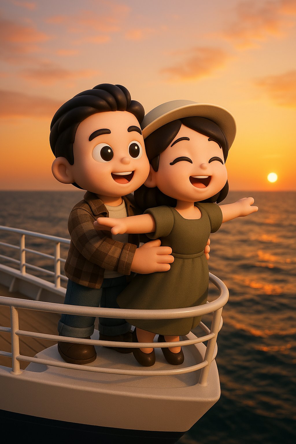 Convert the people in the attached picture into cute Q-version 3D models. Scene: At the very tip of the bow of a luxury cruise ship, the bow is pointed. The man stands with the woman at the bow like in Titanic, the man's hands are around the woman's waist, the woman's arms are outstretched, wearing a dress, facing the wind, her face radiant with freedom and joy. The time is dusk with warm tones, the sea stretches out below the ship. Except for the characters who are in Q-version 3D style, the rest of the environment is realistic. (Requires a couple's photo as input)