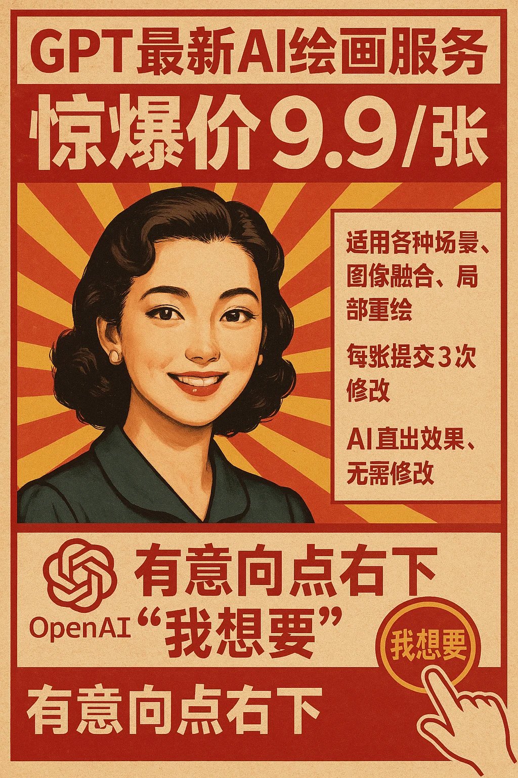 Vintage promotional poster style, emphasizing Chinese text, with a red and yellow radial pattern background. In the center of the frame is a beautiful young woman, drawn in an exquisite retro style, smiling, elegant, and approachable. The theme is an advertisement promotion for GPT's latest AI painting service, emphasizing 'Shocking Price 9.9/image', 'Suitable for various scenes, image fusion, local redrawing', '3 revisions per submission', 'AI direct output, no modification needed'. Prominently marked at the bottom 'If interested, click "I want it" in the bottom right', draw a finger clicking a button action in the bottom right corner, and display the OpenAI logo in the bottom left corner.