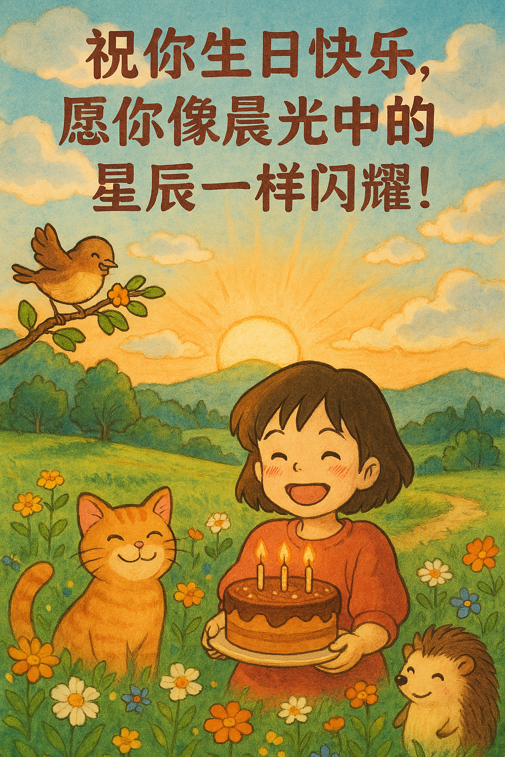 A warm and cheerful Studio Ghibli-style illustration featuring a happy girl holding a birthday cake with three lit candles, standing in a vibrant meadow filled with colorful flowers. Beside her, a smiling orange tabby cat and a cute hedgehog share the joyful moment. A friendly bird sits on a branch nearby, adding to the lively atmosphere. In the background, a glowing sunrise illuminates rolling green hills under a partly cloudy sky. Above, Chinese text reads '祝你生日快乐，愿你像晨光中的星辰一样闪耀！' The artwork has a soft, hand-painted texture with gentle shading and bright, pastel colors, conveying warmth and celebration.