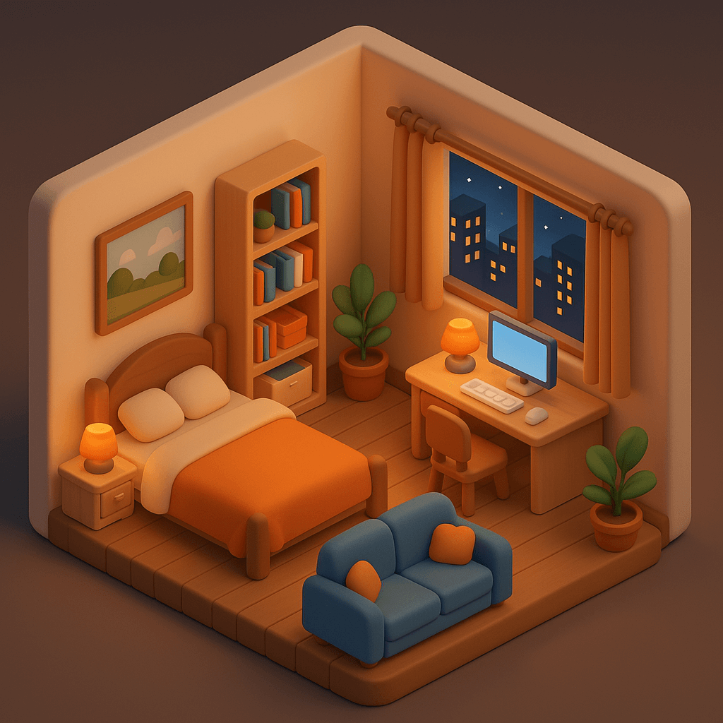 Generate a design for my room (bed, bookshelf, sofa, computer desk and computer, paintings on the wall, green plants, city night view outside the window). Cute 3D style, C4D render, isometric view.
