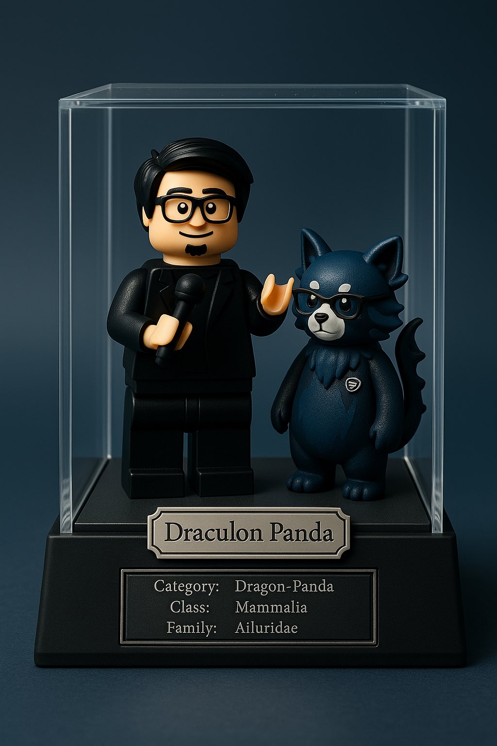 Based on the photo I uploaded, generate a portrait-oriented photo using the following prompt:Classic Lego minifigure style, a miniature scene -- an animal stands beside me. This animal's color scheme matches mine. Please create this animal based on your understanding of me (you can choose any animal you think suits me, whether real, surreal, or fantasy, as long as you feel it matches my temperament).The entire scene is set inside a transparent glass cube, with minimalist scenery. The base of the miniature scene is matte black with silver accents, in a simple and stylish design.There is an elegantly engraved label plaque on the base, with the animal's name written in a refined serif font.Biological classification information, similar to a natural history museum display, is subtly integrated into the bottom design using fine etching.The overall composition resembles a high-end collectible art piece: meticulously crafted, curated presentation, detailed lighting. Composition emphasizes balance. The background is a gradient, transitioning from dark to light (colors chosen based on the main color palette). (Requires a half-body or full-body single person photo as input)