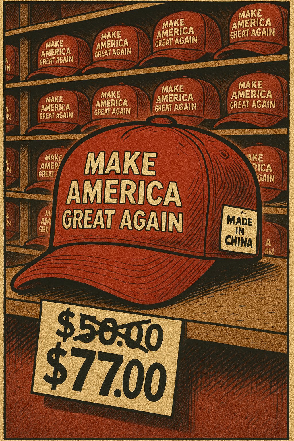 An illustration in a satirical cartoon style, using a retro American comic style. The background is a multi-layered shelf filled with identical red baseball caps. The front of the caps has the large slogan 'MAKE AMERICA GREAT AGAIN' printed, and the side has a white label saying 'MADE IN CHINA'. A close-up view focuses on one of the red baseball caps. Below the frame, there is a price tag where the original price '$50.00' is crossed out with a thick black X and changed to '$77.00'. The color palette uses nostalgic earthy yellow and dark red tones, with shading that has a 90s retro print texture. The overall composition is exaggerated and satirical, carrying a sense of irony towards political consumerism.
