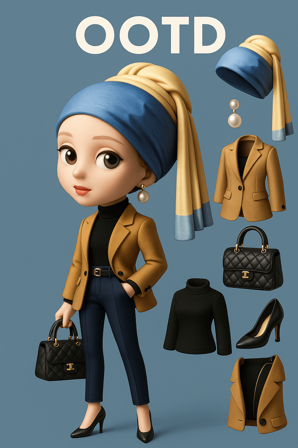 Generate OOTD (Outfit of the Day) looks for the person in the picture in different professional styles. Include fashionable outfits and accessories, a solid color background matching the character's color scheme. Style: Q-version 3D, C4D render. Maintain facial features, keep the pose consistent, and give the character very long leg proportions. Composition: 9:16 Top text: OOTD. Left side: Q-version image of the character in the OOTD. Right side: Display of the individual clothing items. First profession: Fashion Designer. (Requires an image of 'Girl with a Pearl Earring' or similar as input)