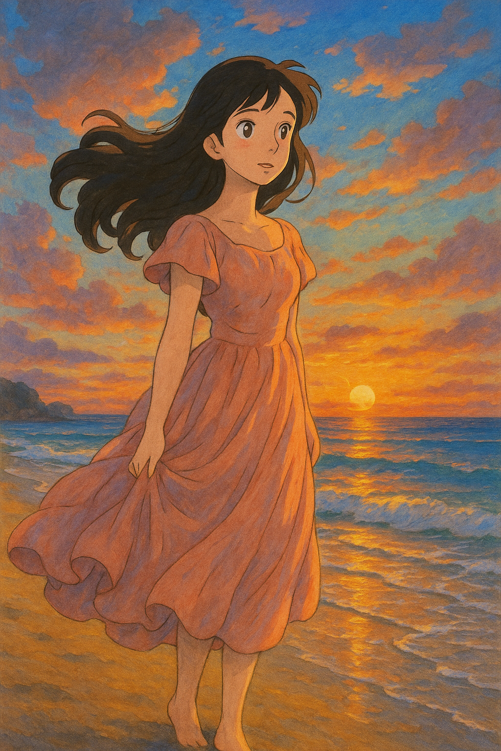 A beautiful woman in a flowing dress on a beach at sunset, style: studio ghibli style