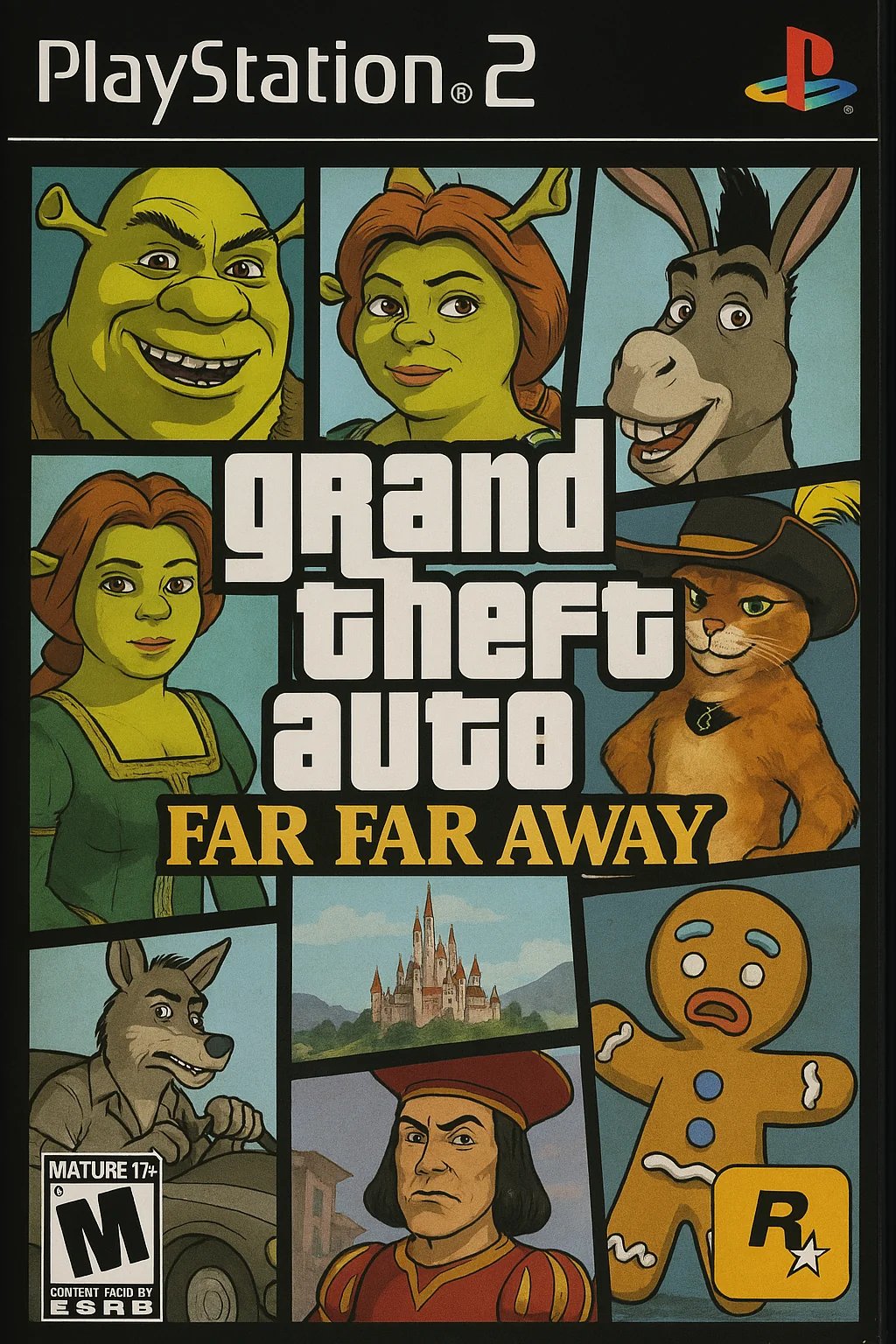 Can you create a PS2 video game case of 'Grand Theft Auto: Far Far Away' a GTA based in the Shrek Universe.
