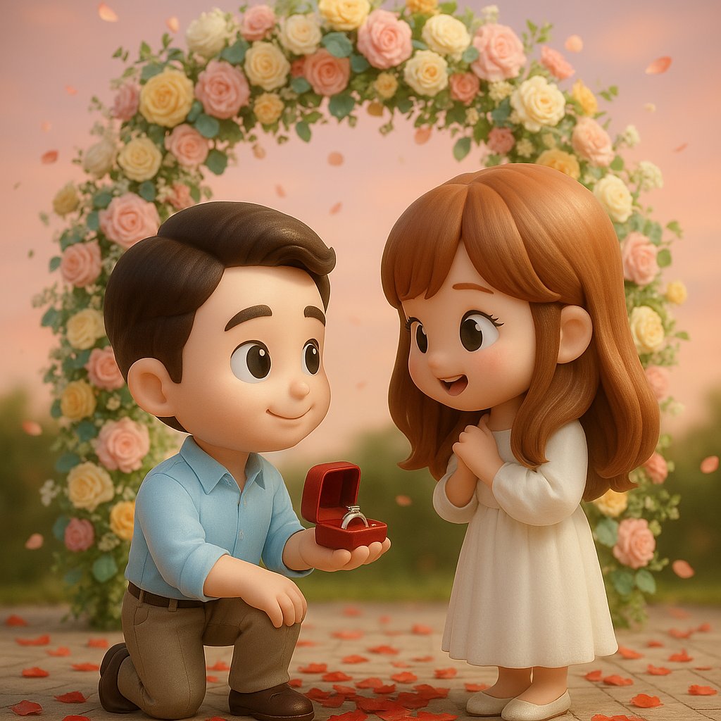 Convert the two people in the photo into Q-version 3D characters, change the scene to a marriage proposal, change the background to an arch made of elegant multi-colored petals, change the background to romantic colors, with rose petals scattered on the ground. Except for the characters who should be in Q-version 3D style, the rest of the environment should be in a realistic style. (Requires a couple's photo as input)