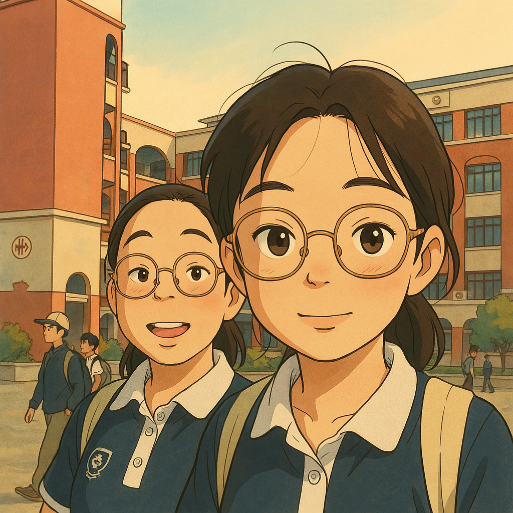 Two cheerful young Asian girls with round glasses and black hair tied back, wearing blue school uniforms with white collars and backpacks, standing in front of a red brick school building under a clear, warm sky. The scene is depicted in a Studio Ghibli style, with soft shading, warm tones, and detailed backgrounds showing other students walking in the courtyard. The characters have expressive, friendly faces with large eyes and slight blush, capturing a nostalgic and heartwarming school day atmosphere. Style: Studio Ghibli style, warm and soft colors, detailed background, anime-inspired, heartwarming. details: school uniforms, backpacks, glasses, red brick school building, students in background, warm lighting, expressive faces. view: medium close-up.